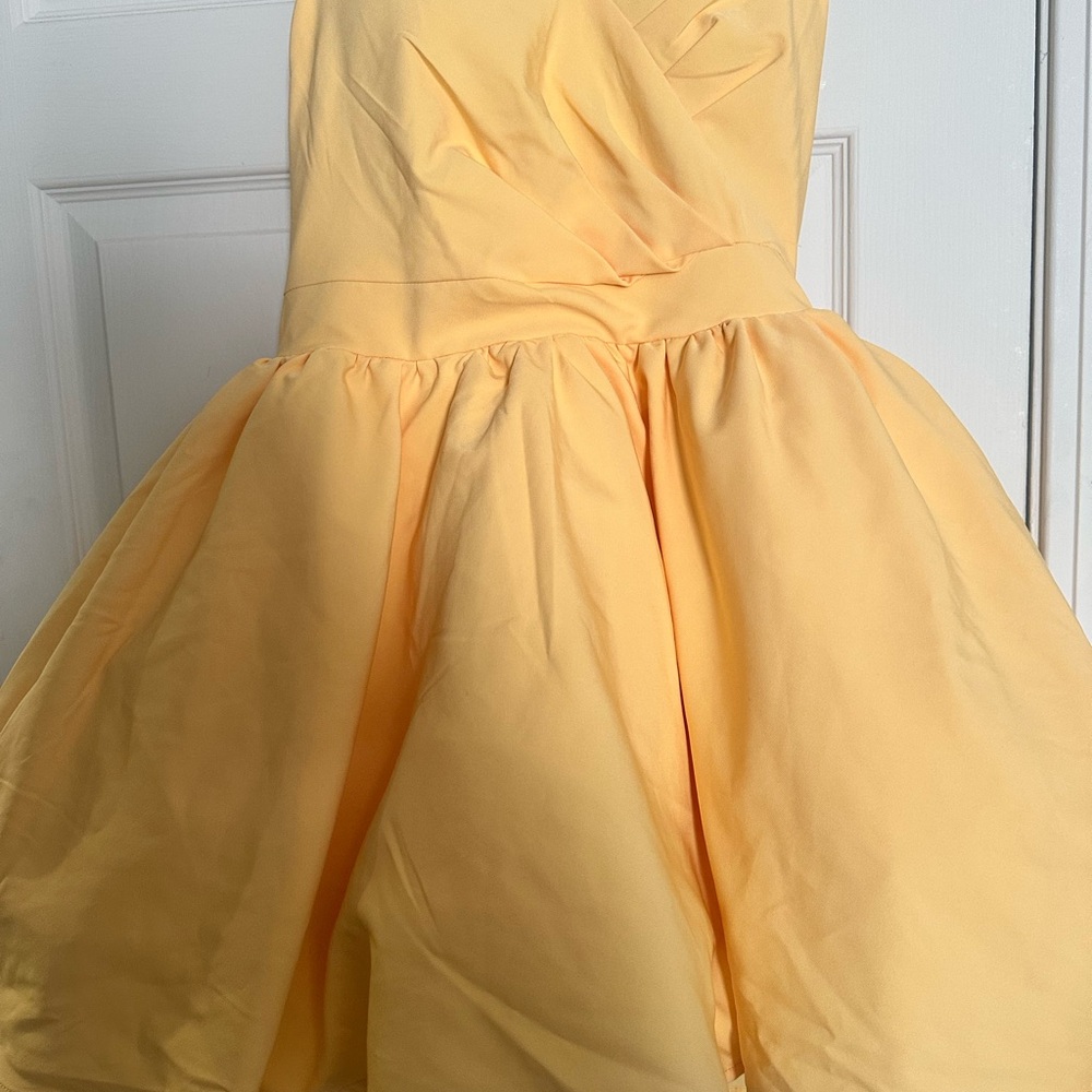 Fashion Nova Yellow Strapless Pleated Prom Dress
